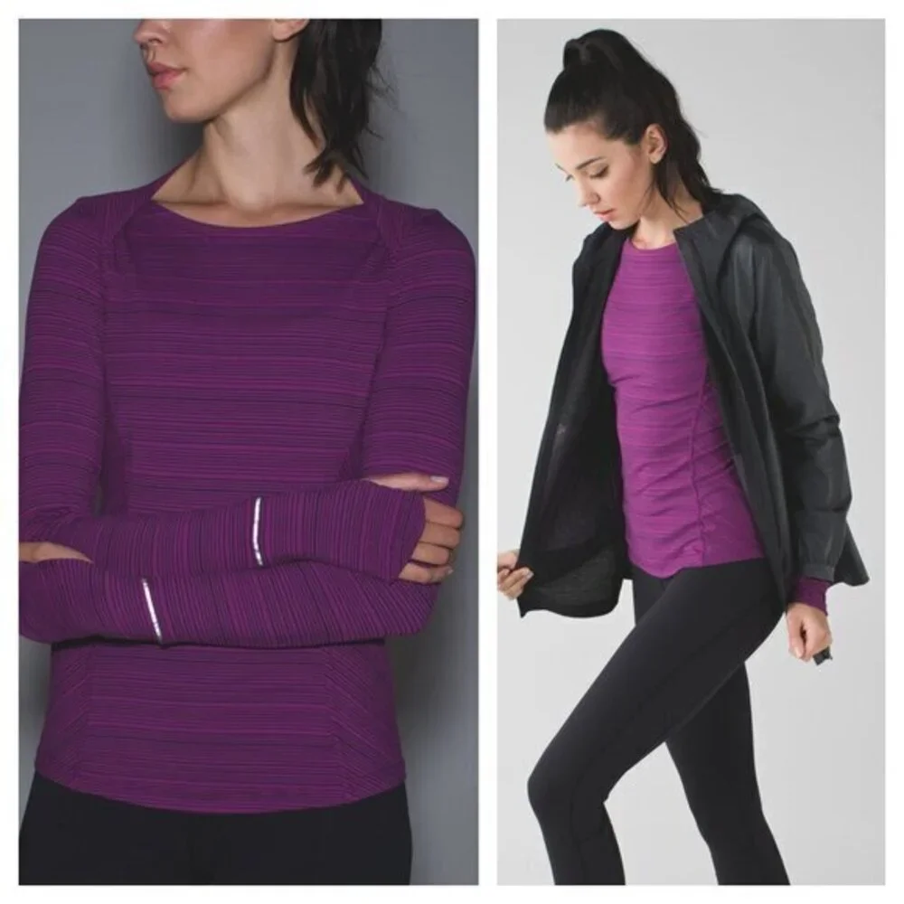 Lululemon Kanto Catch Me Long Sleeve 4 Stripe Regal Plum Naval Blue